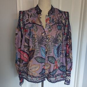 FARM Rio Lavender Floral Button-Front Blouse with Multicolor Leaf Print